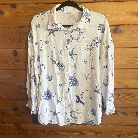 Cupshe Long sleeve Oversized Nautical Marine Blouse Large Medium - Picture 1 of 6